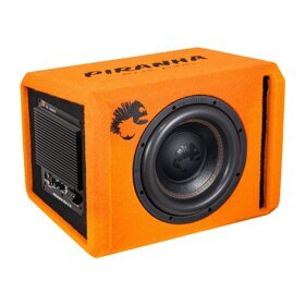 Сабвуфер DL Audio Piranha 10A V.2 оранжевый в фазоинверторном корпусе, со встроенным усилителем, мощность МАХ 700Вт, диапазон частот 23 - 220 Гц, обмотка 1 х 4 Ом, проводной регулятор громкости.