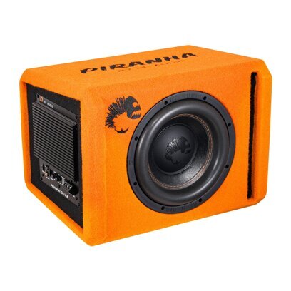 Сабвуфер DL Audio Piranha 10A V.2 оранжевый в фазоинверторном корпусе, со встроенным усилителем, мощность МАХ 700Вт, диапазон частот 23 - 220 Гц, обмотка 1 х 4 Ом, проводной регулятор громкости.